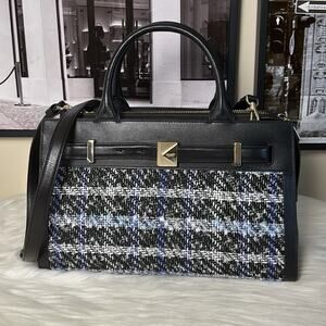 Kate Spade Deco Plaid Tweed Medium Satchel Elegant Black and Blue Tweed Handbag